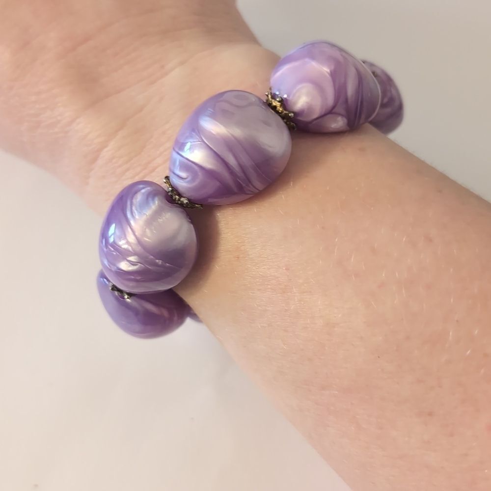 655 Chunky Purple White Blended Beaded Stretch Bracelet‎